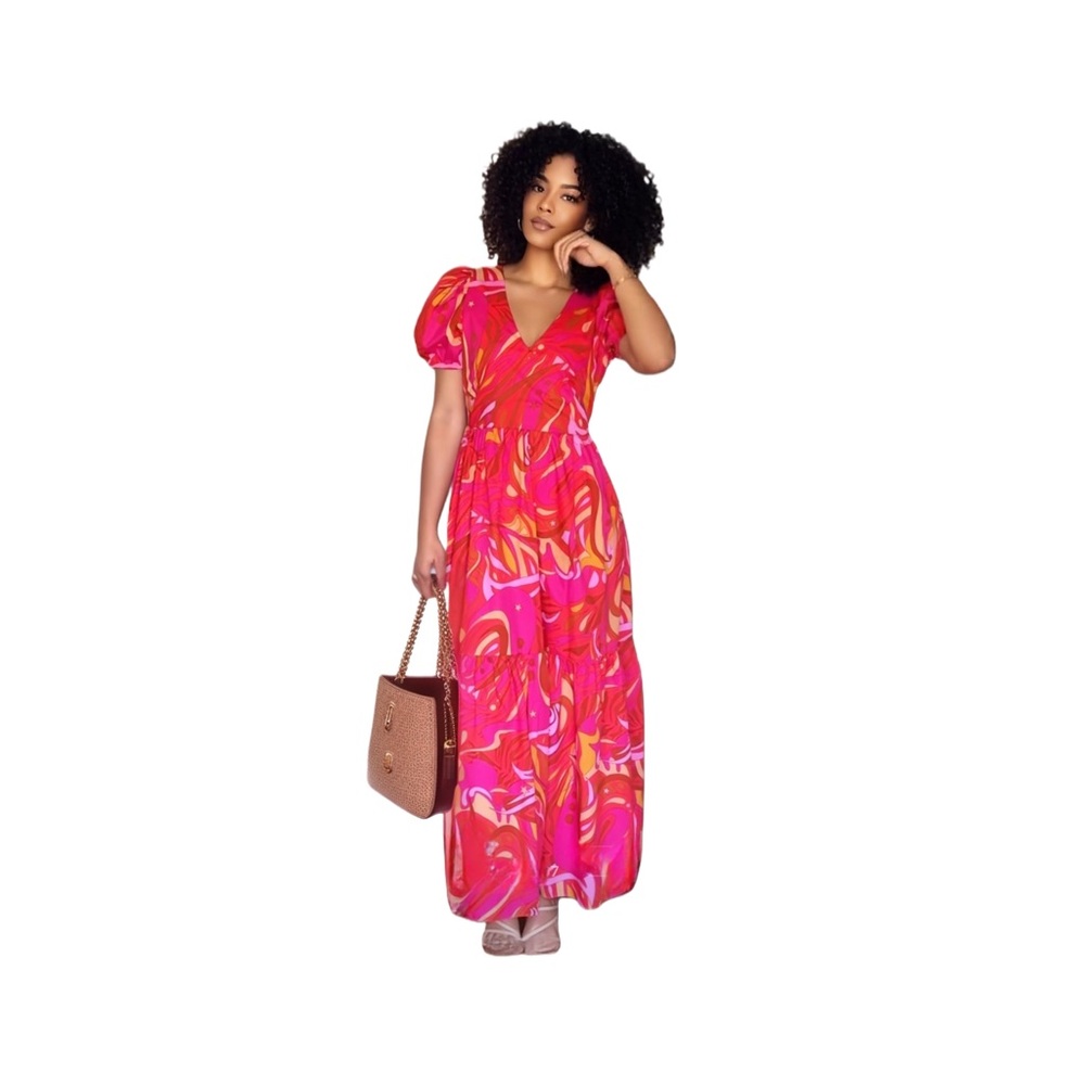 1. State Pink and Orange Maxi Dress “Farm Rio” Puff Sleeve, Cut out back Women’s
